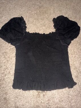 wonder nation Black Smocked Puff Sleeve Top
